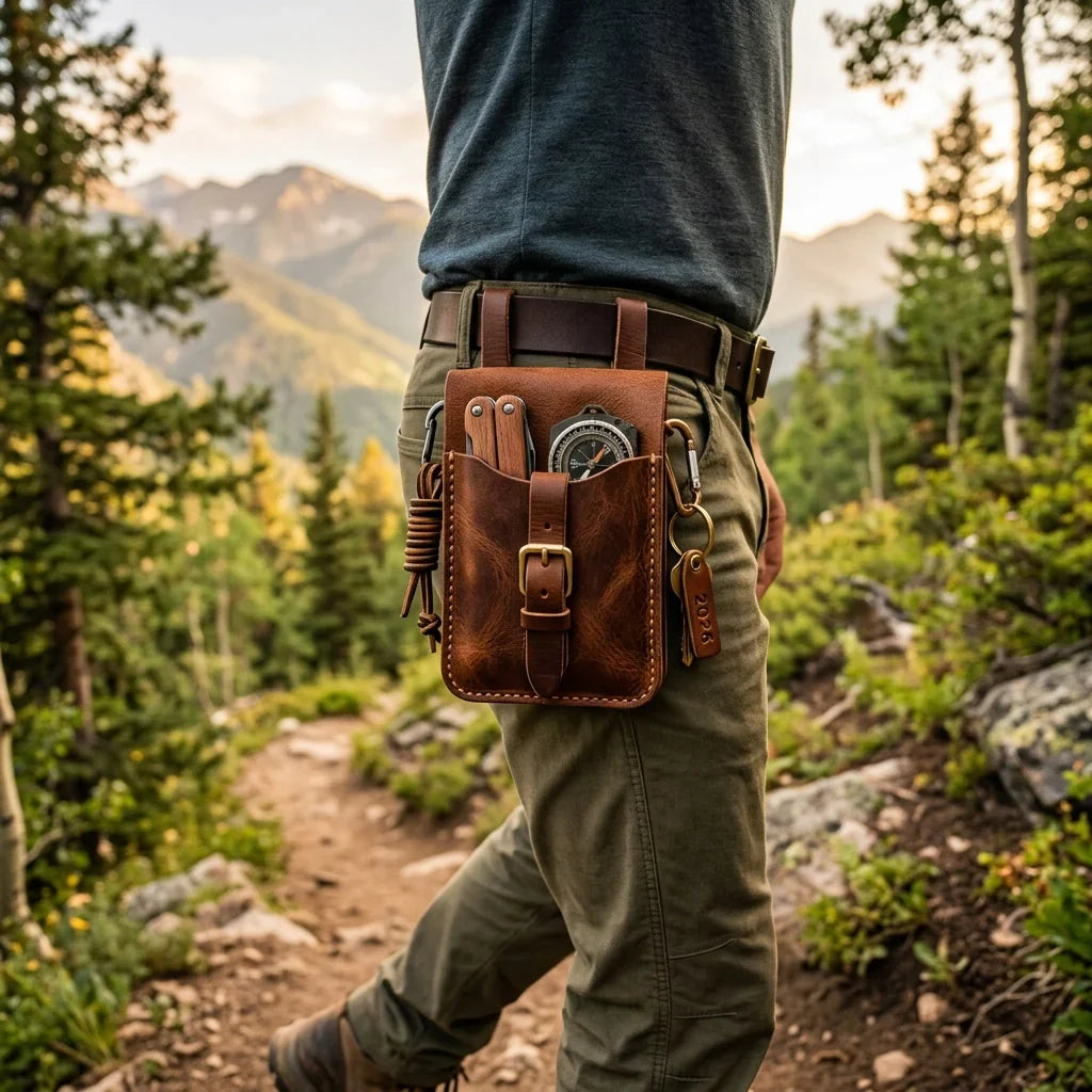 Handcrafted buffalo leather belt pouch worn on a belt outdoors, ideal for hiking and travel — The Highland Nomad by The Kilted Leatherworker.