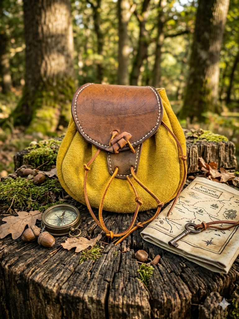 Handcrafted yellow suede and dark brown leather drawstring belt pouch with cream hand-stitching, shown on a rustic rock in a highland landscape.