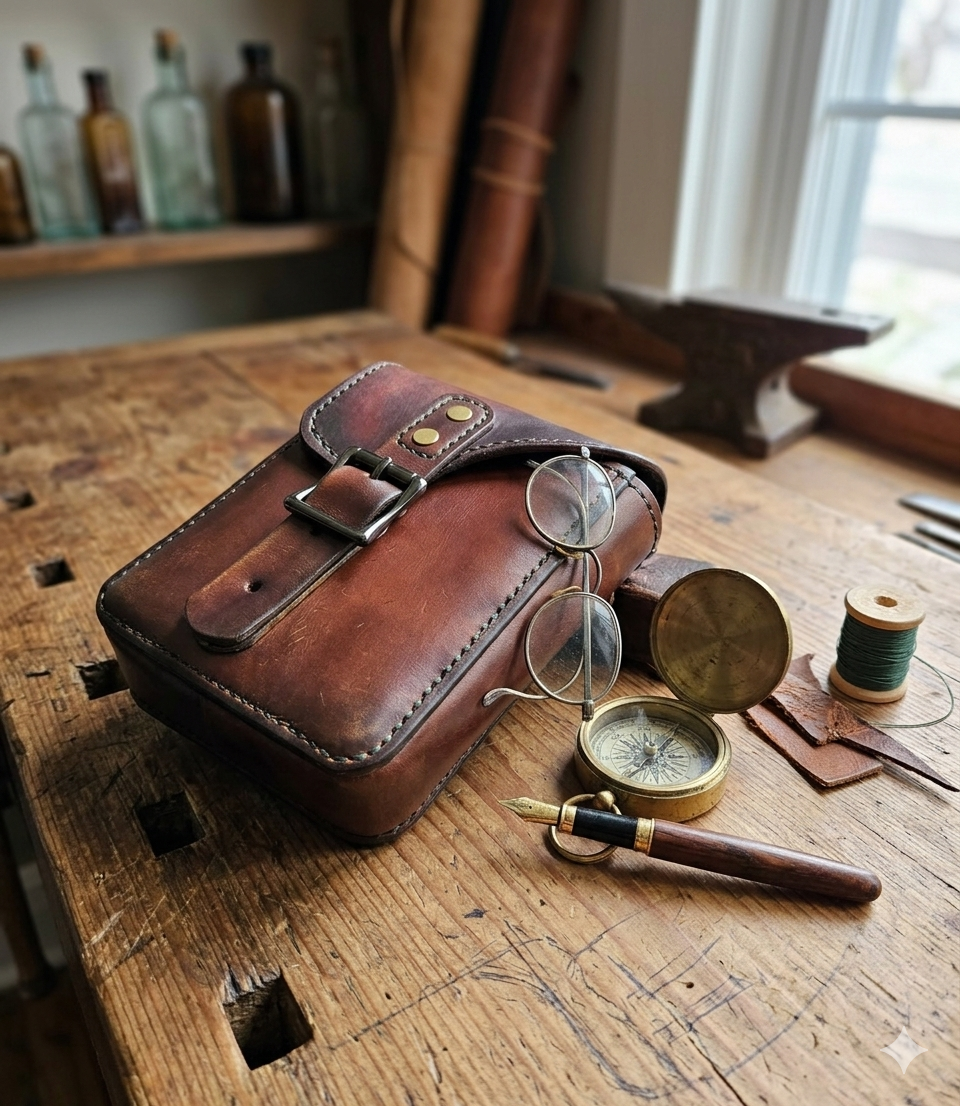 Brown leather pouch on a wooden surface with glasses, compass, and pen.