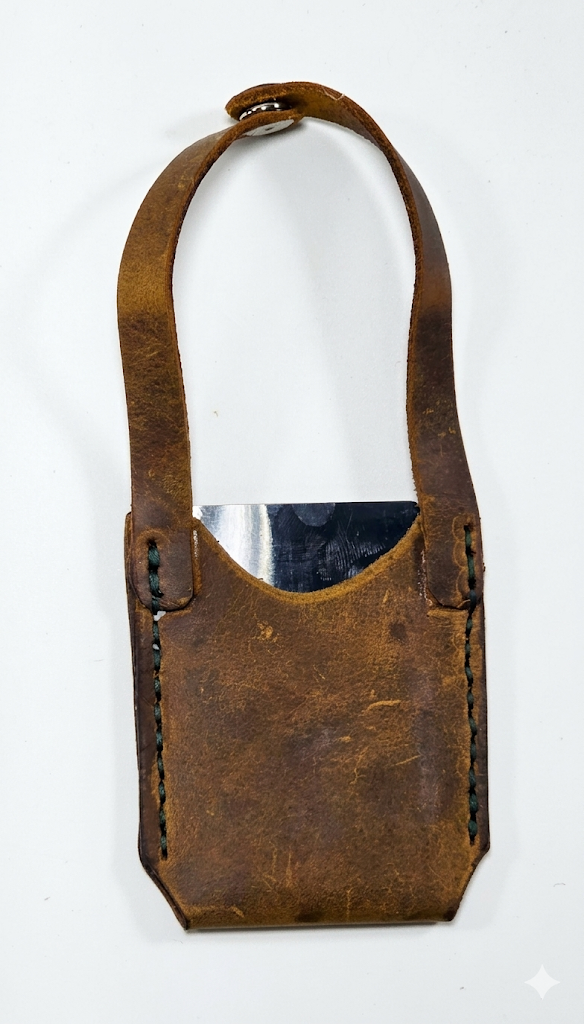 A top-down view of the rustic brown leather card sleeve, featuring its worn patina and the edge of a credit card peeking out from the crescent opening. The sleeve's integrated handle with a polished metal snap is fully extended above, showcasing its hand-stitched, full-grain quality against a seamless white background.
