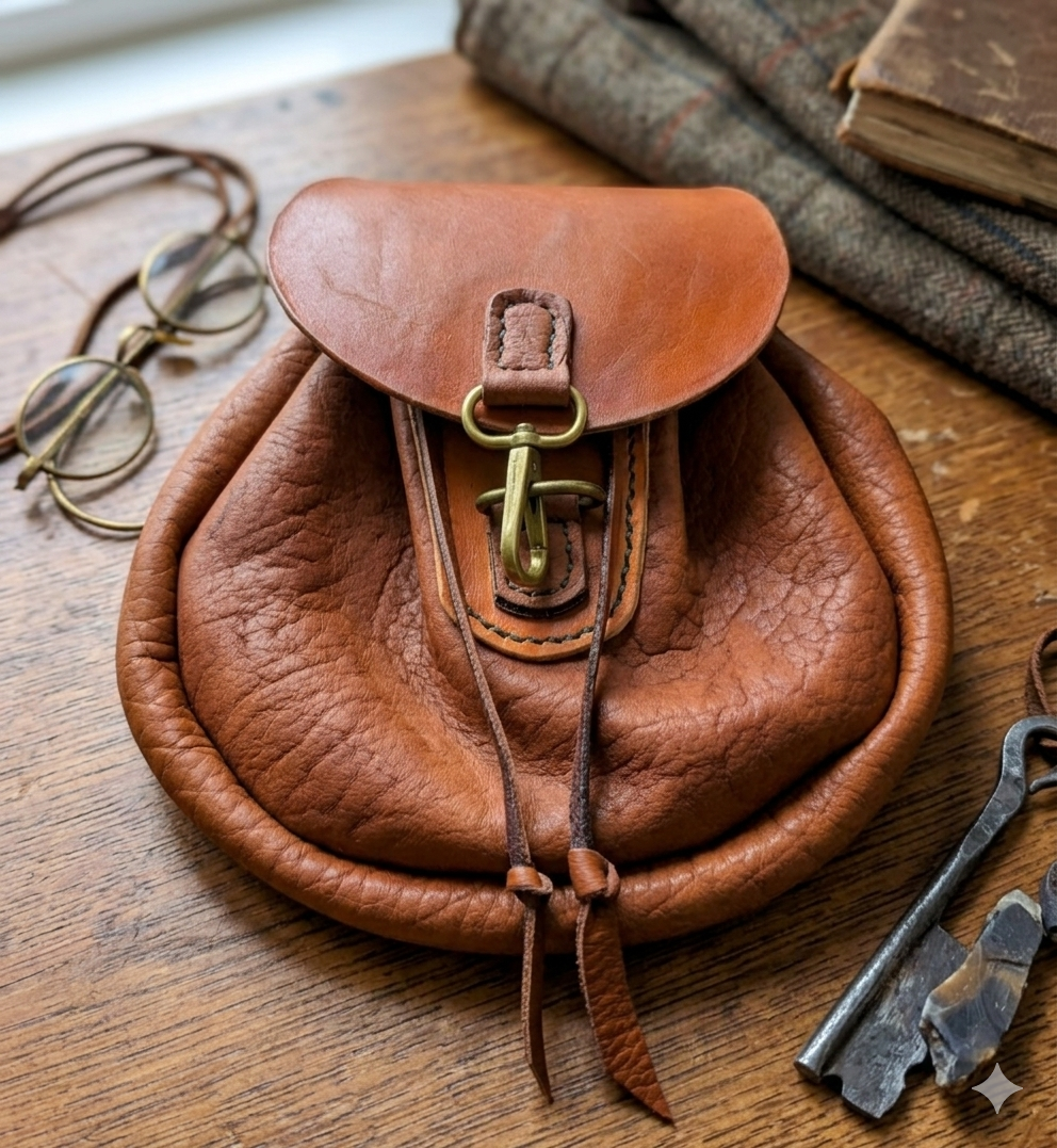 Tan buffalo leather pouch with a brass closure on a wooden surface with books and keys.