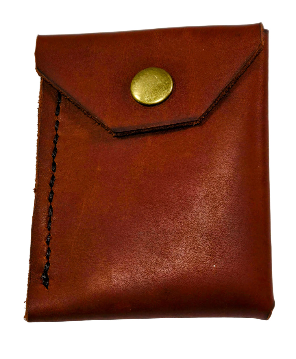 Burgundy leather minimalist with an antique brass snap on a white background