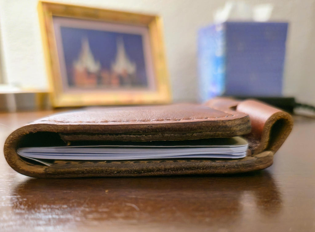 Side view Mini leather journal cover - Handcrafted pocket leather notebook cover with pen loops.
