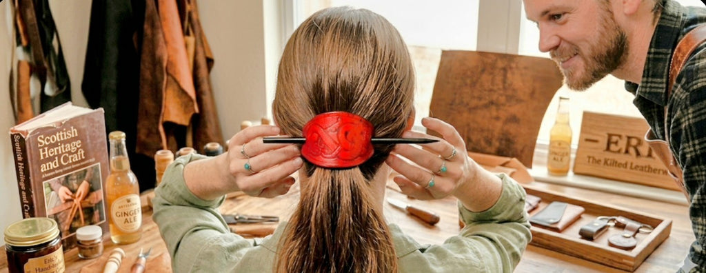 Woman wearing a leather hair barrette.