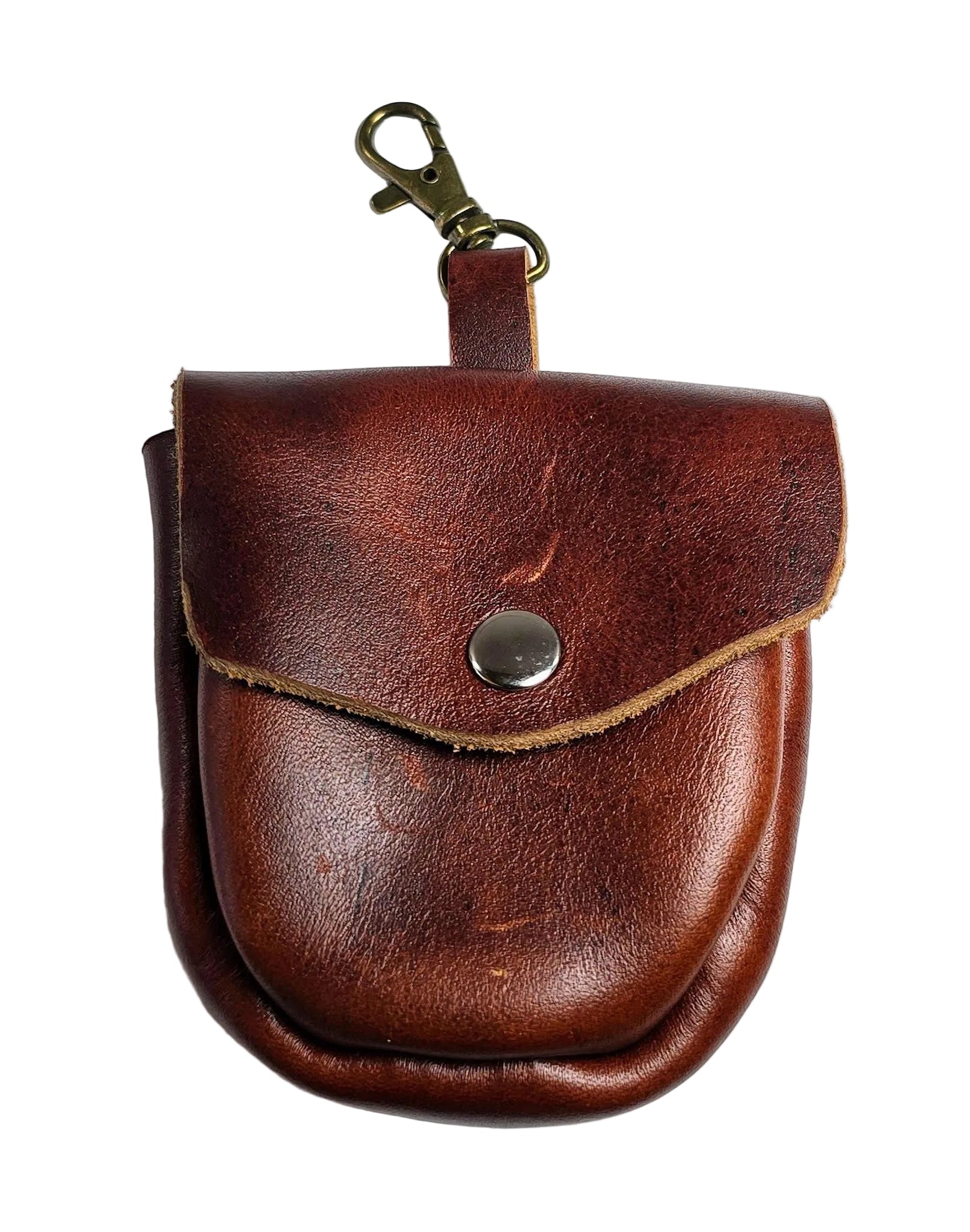 Brown leather pouch with a metal clasp on a white background