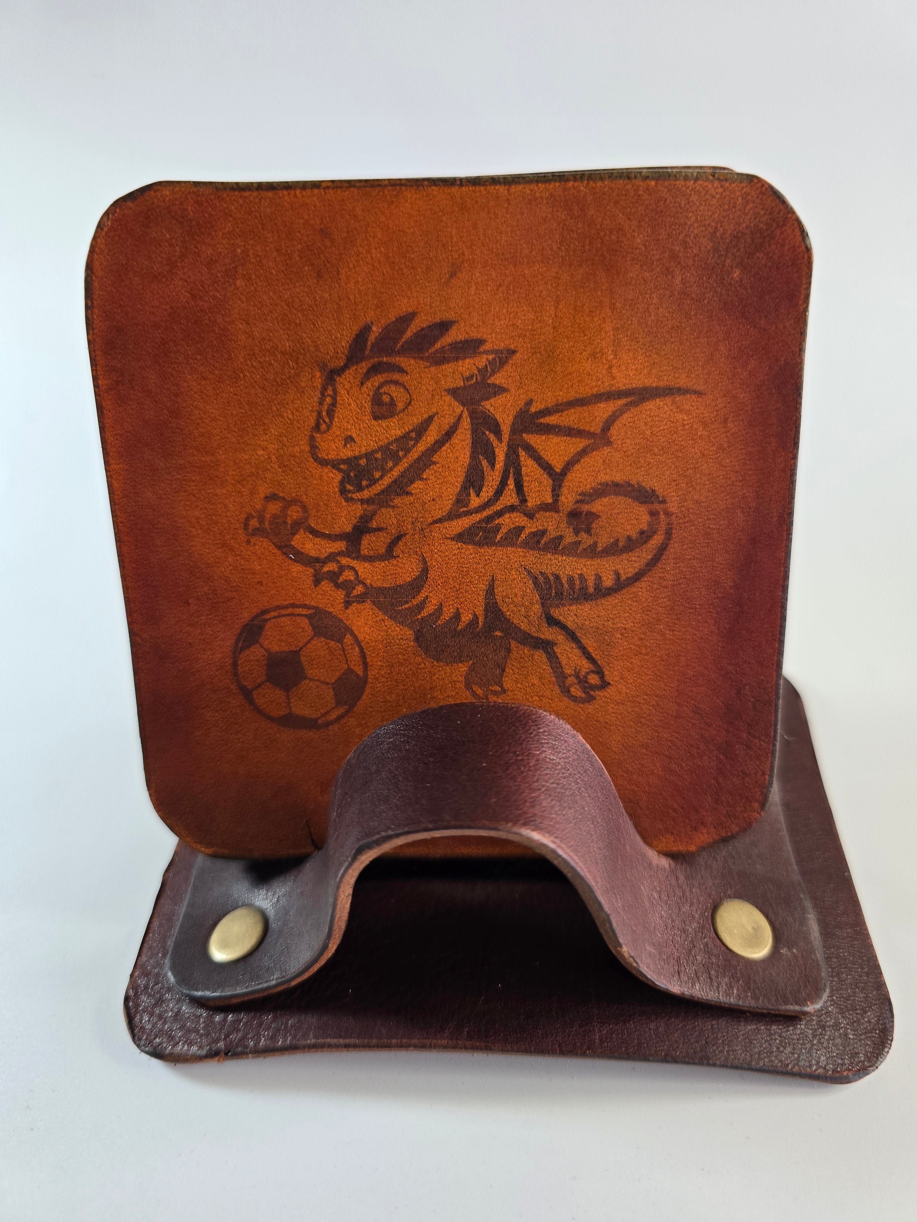 Set of 4 handcrafted laser-engraved leather coasters with matching leather holder, brass hardware, tan and antique finish