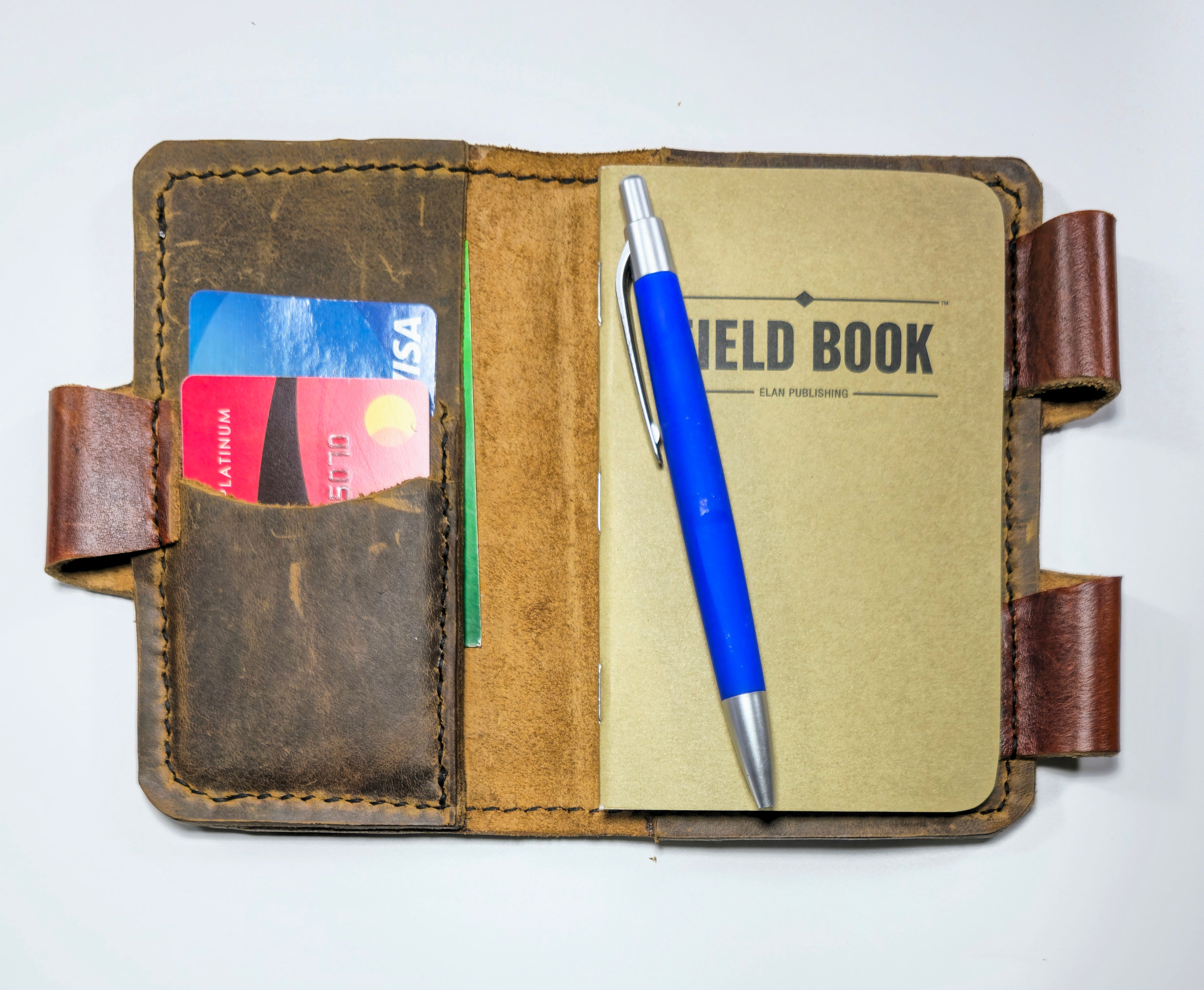 Mini leather journal cover - Handcrafted pocket leather notebook cover with pen and field notes with 3 pen loops.