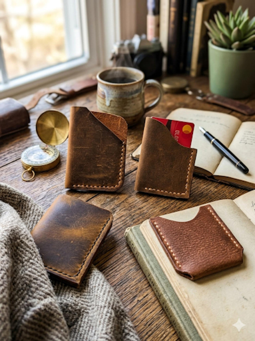 Brown leather wallets and cardholder on a wooden surface with a cup of coffee and books in the background.