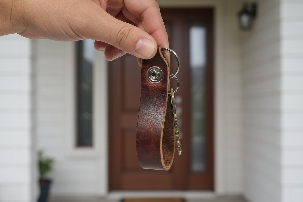 Hand holding a leather key fob in front of a house door