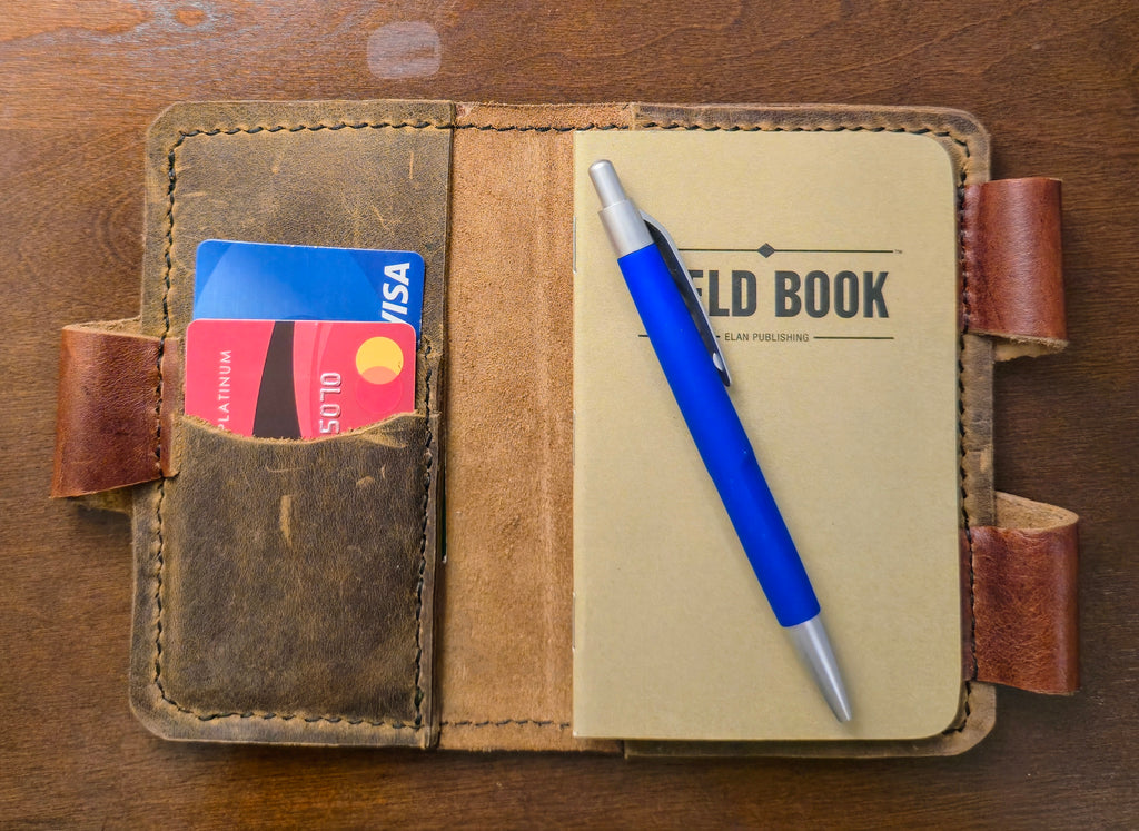 Open view of Mini leather journal cover - Handcrafted pocket leather notebook cover with pen loops.