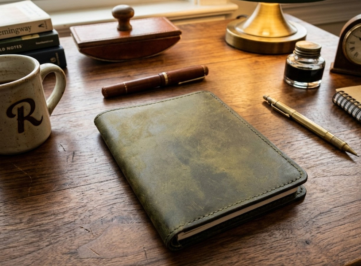Olive green leather mini padfolio on a wooden desk with a fountain pen and coffee mug