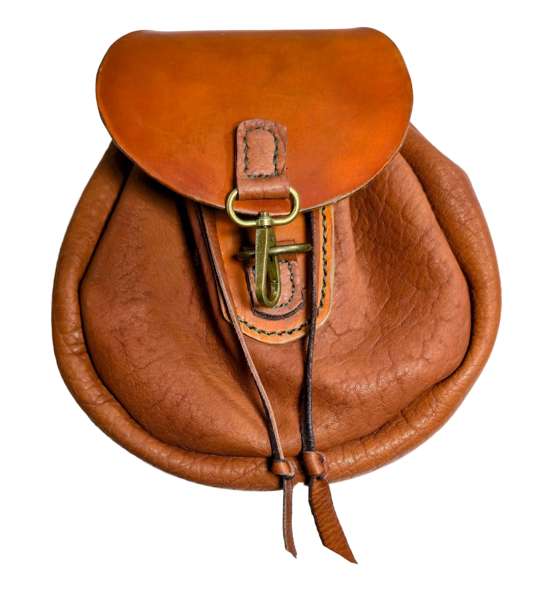 Handmade tan belt pouch on white background with brass closure.