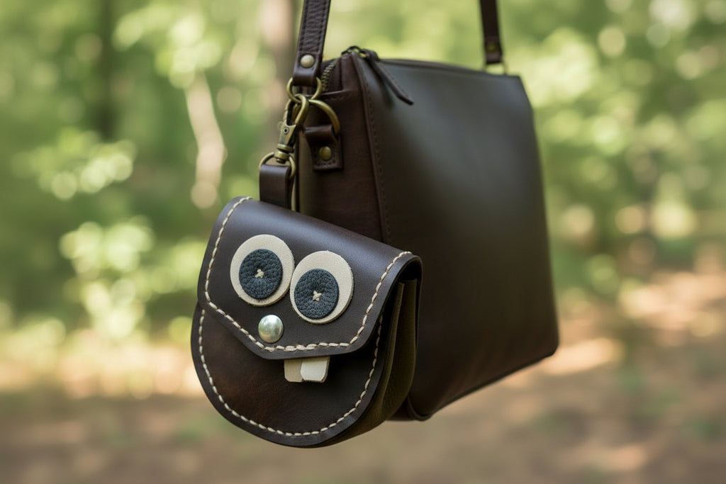 Mini leather critter pouch with a secure metal clip, attached to a belt loop for convenient carry of keys and change.
