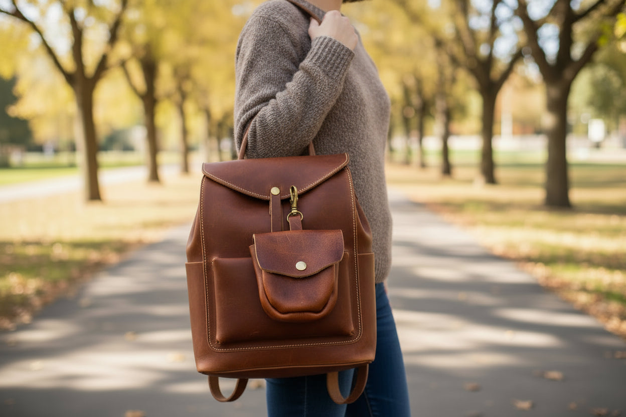 Person wearing a brown leather backpack with a mini purse attached to it in an autumn park setting
