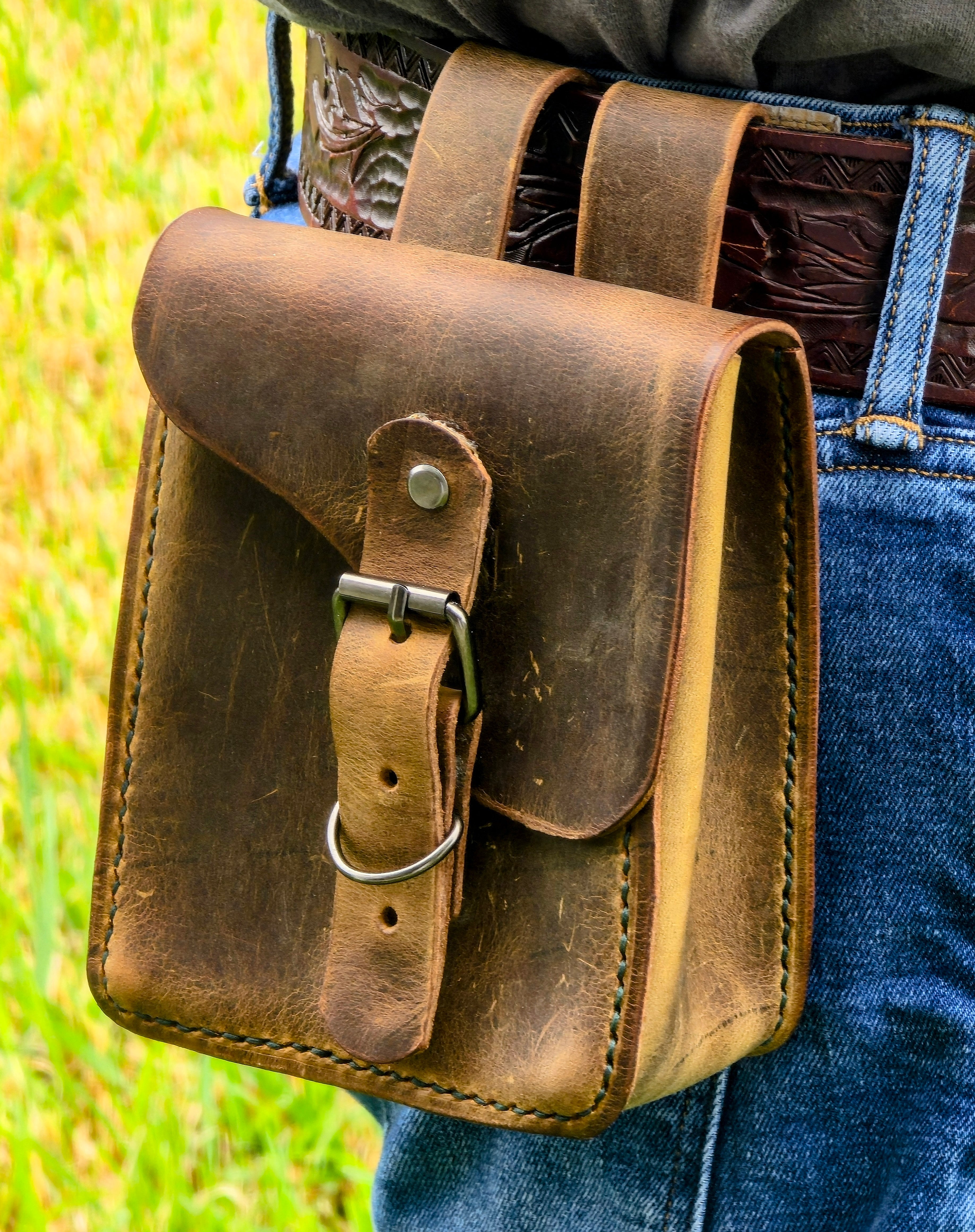 Leather belt pouch worn on waist outdoors — The Traveler by The Kilted Leatherworker