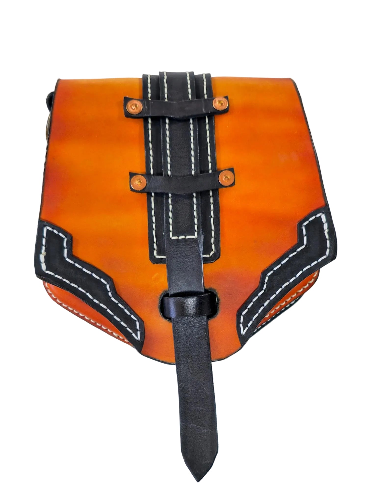 Tan and black leather pouch with black straps and stitching on a white background