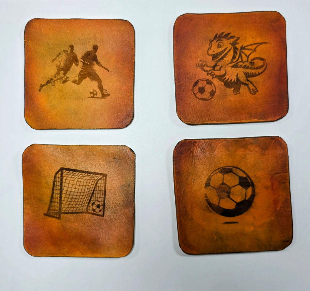 Close-up of laser-engraved detail on 4-inch square veg-tan leather coaster, hand-dyed and antiqued by The Kilted Leatherworker