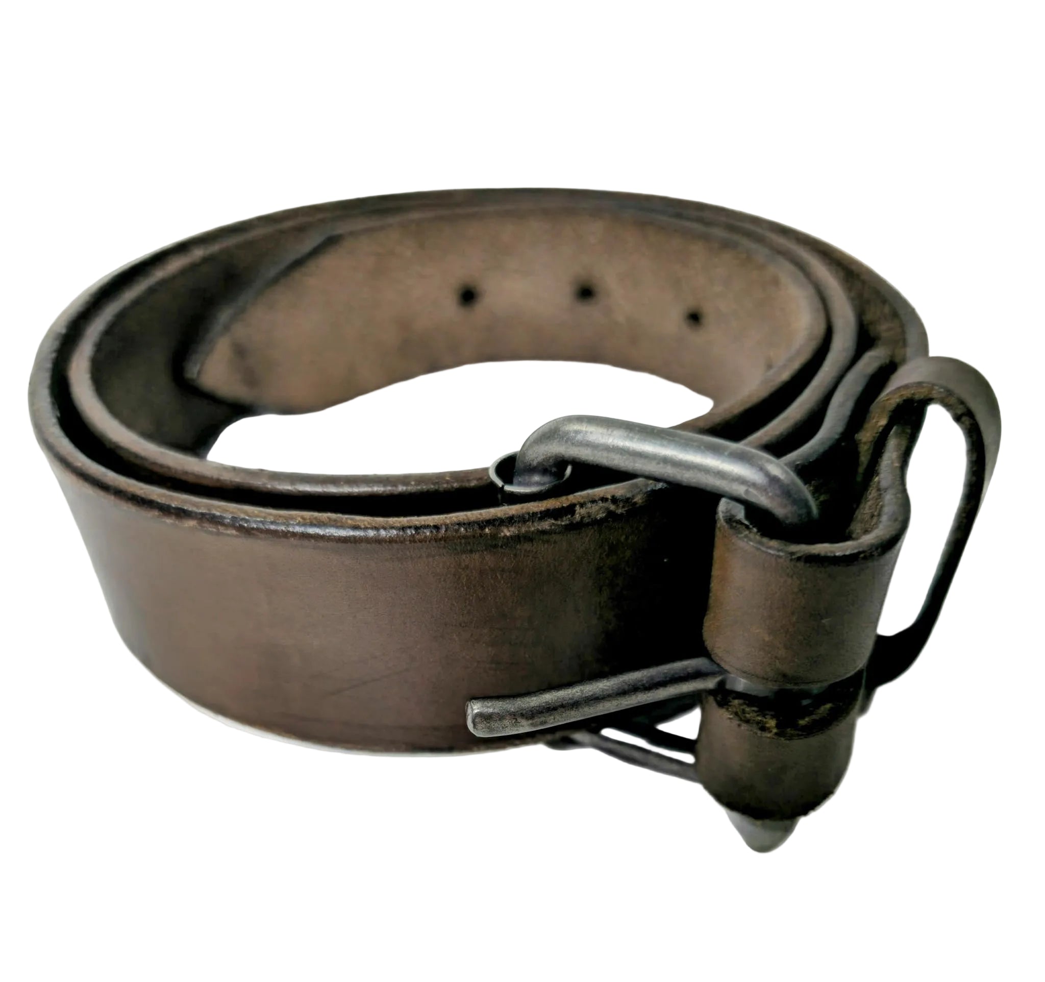 Chocolate Brown leather belt with a gun metal buckle on a white background