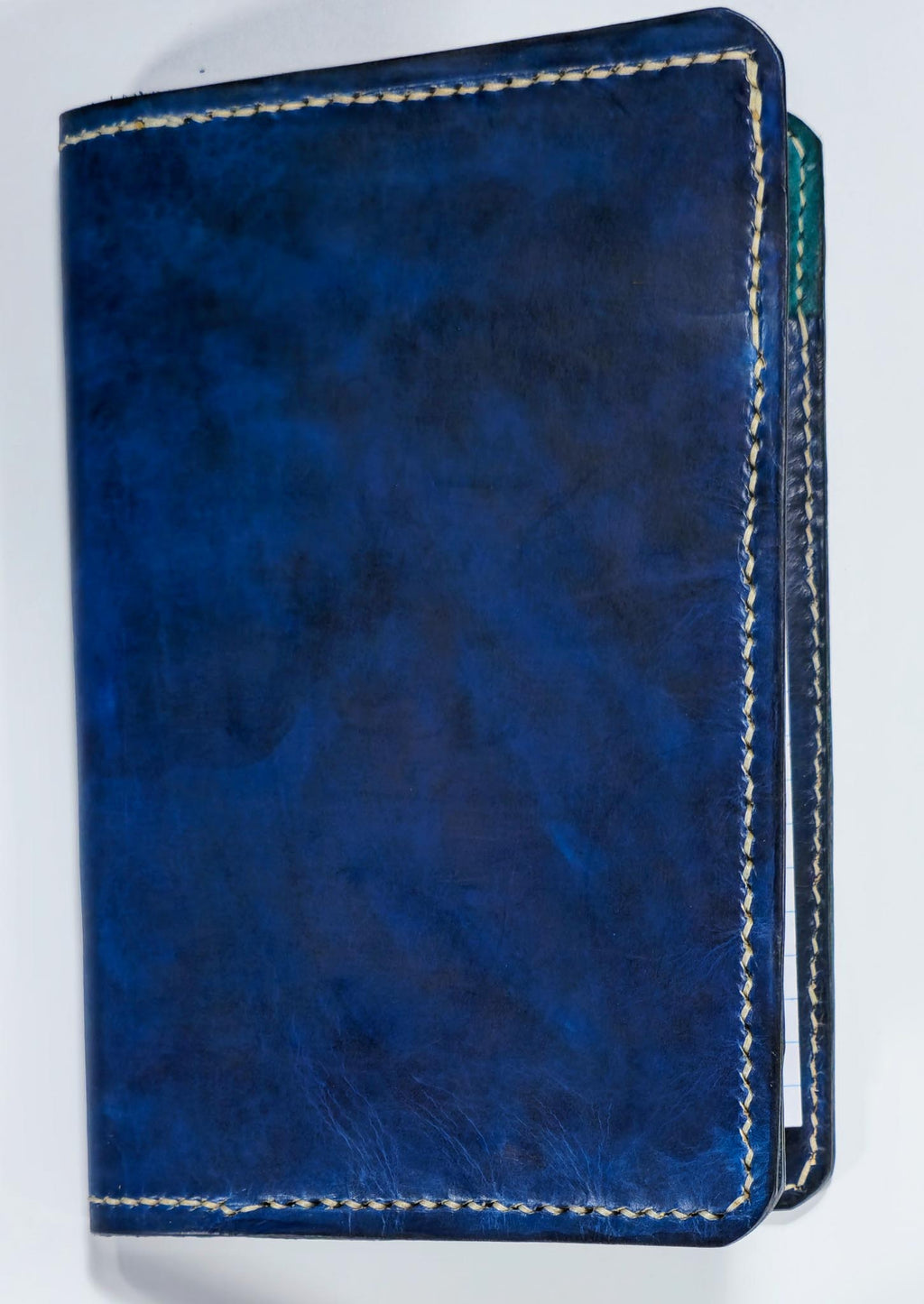 Handcrafted leather mini padfolio, professional blue leather portfolio with white background.