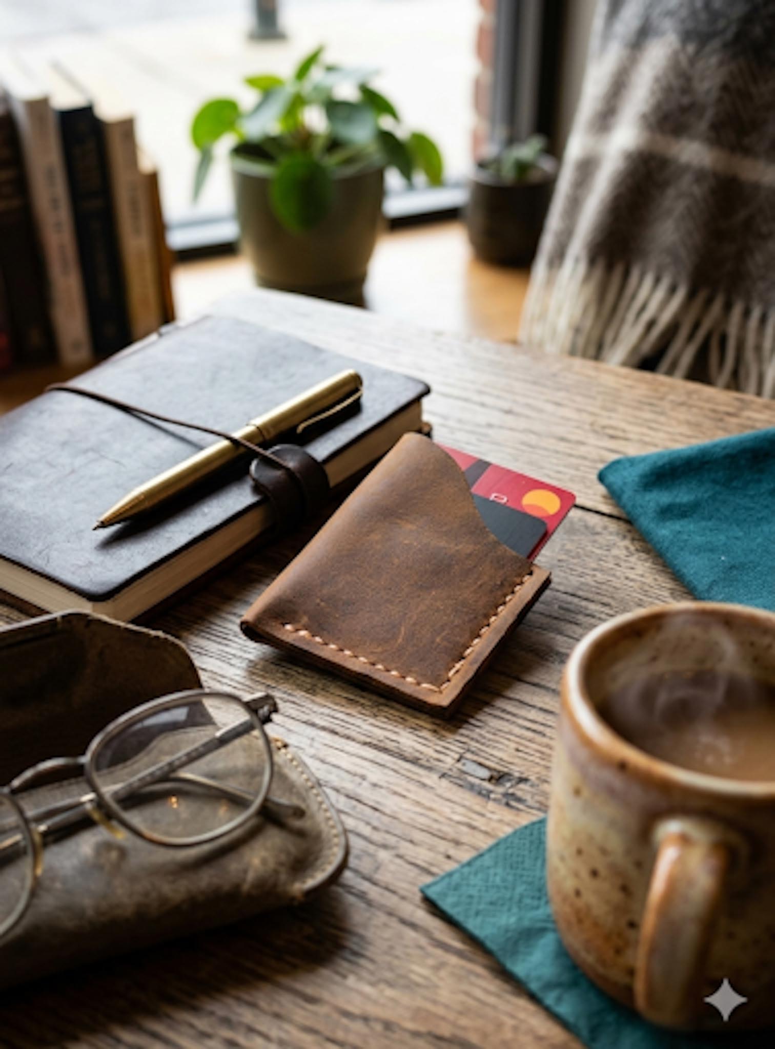 Wooden desk with leather wallet, glasses, mug, and books in a cozy room.