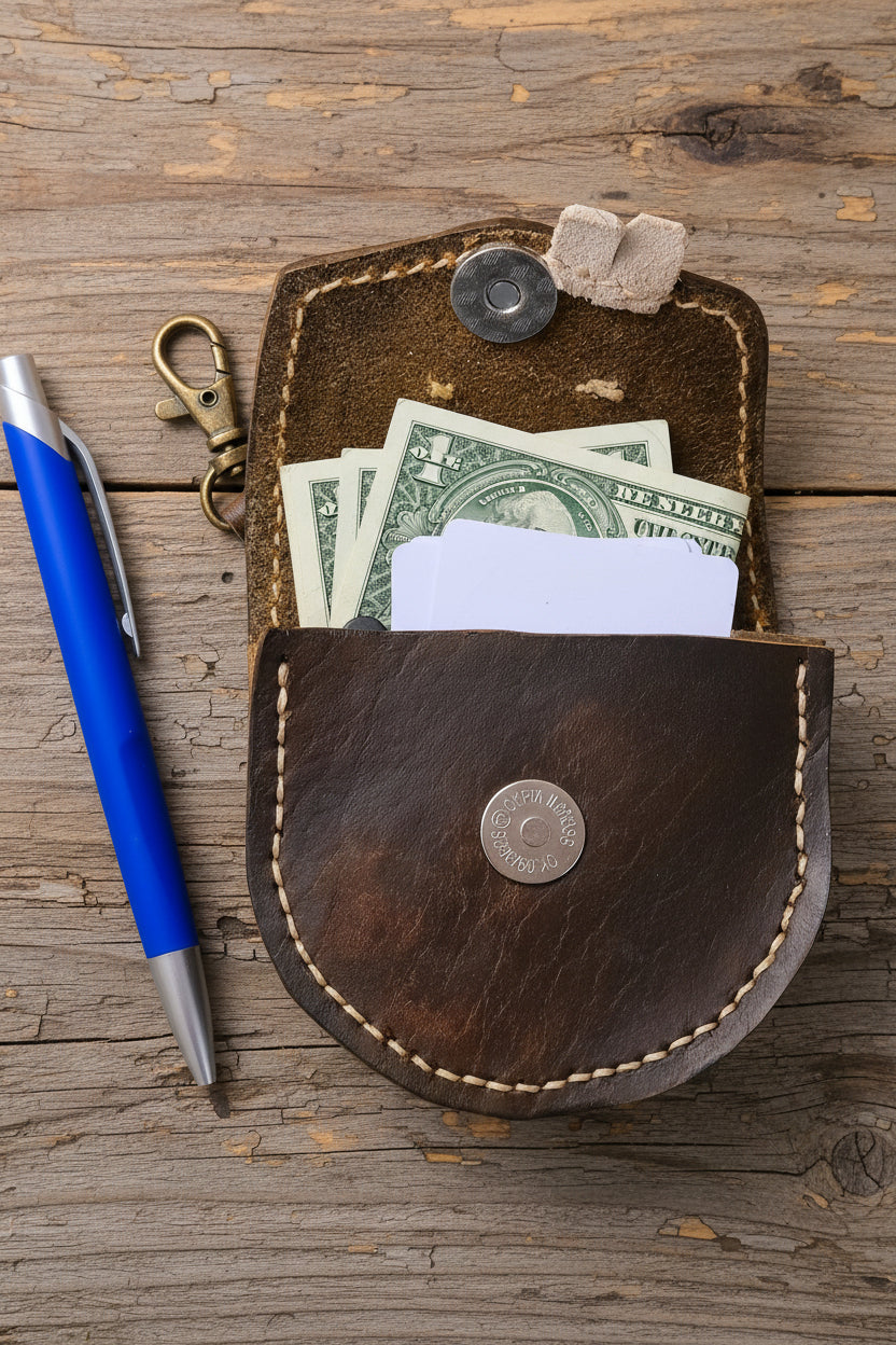 He doesn't bite, but he *will* hold onto your spare change. 🦷👀 Hand-dyed and built from tough veg-tan leather, our Tiny Critter Purse clips onto your backpack or belt loop to keep the small stuff safe (and adorable)