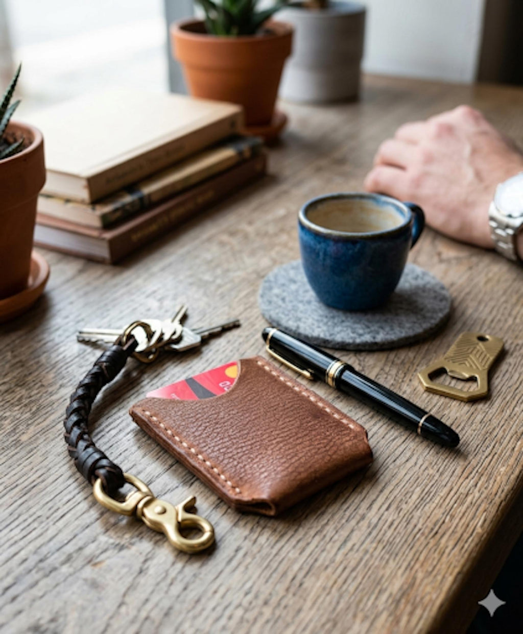 Brown leather wallet with keychain on a wooden table with coffee and books in the background