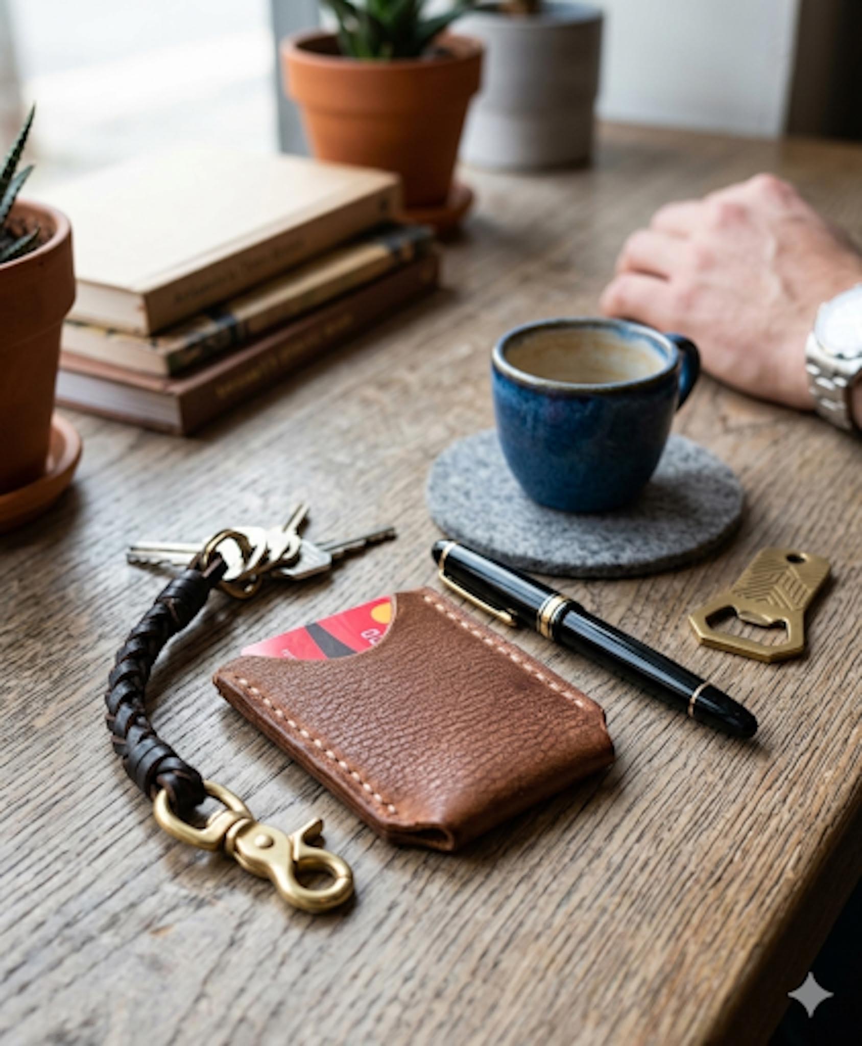 Brown leather wallet with keychain on a wooden table with coffee and books in the background
