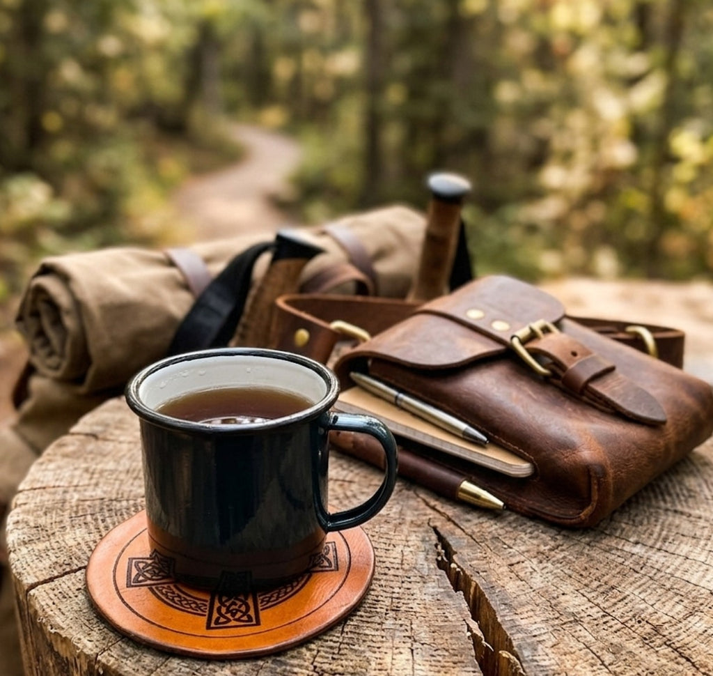 Vegetable tanned leather Celtic coaster with a black enamel camp mug on a forest log stump, styled with a leather satchel and journal outdoors
