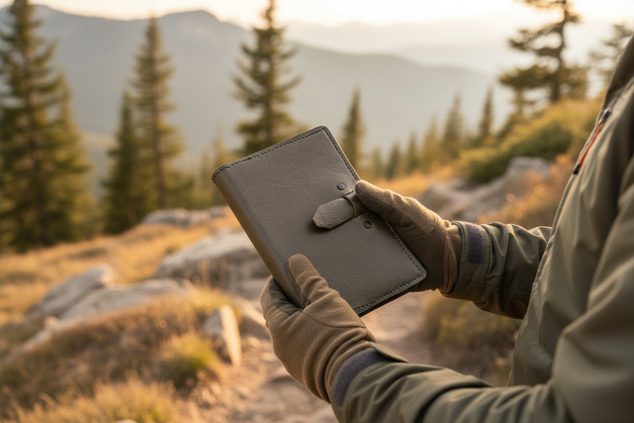 Person holding a leather journal outdoors with trees and mountains in the background