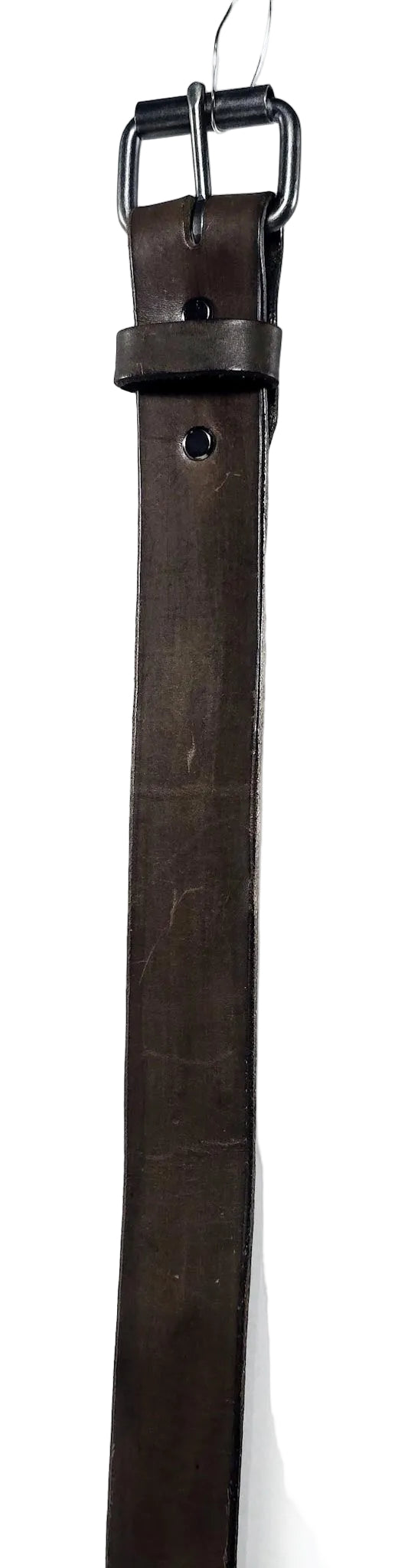 Chocolate Brown leather belt with a gun metal buckle on a white background