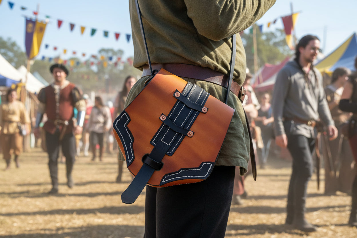 Tan and black leather pouch with black straps and stitching worn by a person at a faire.