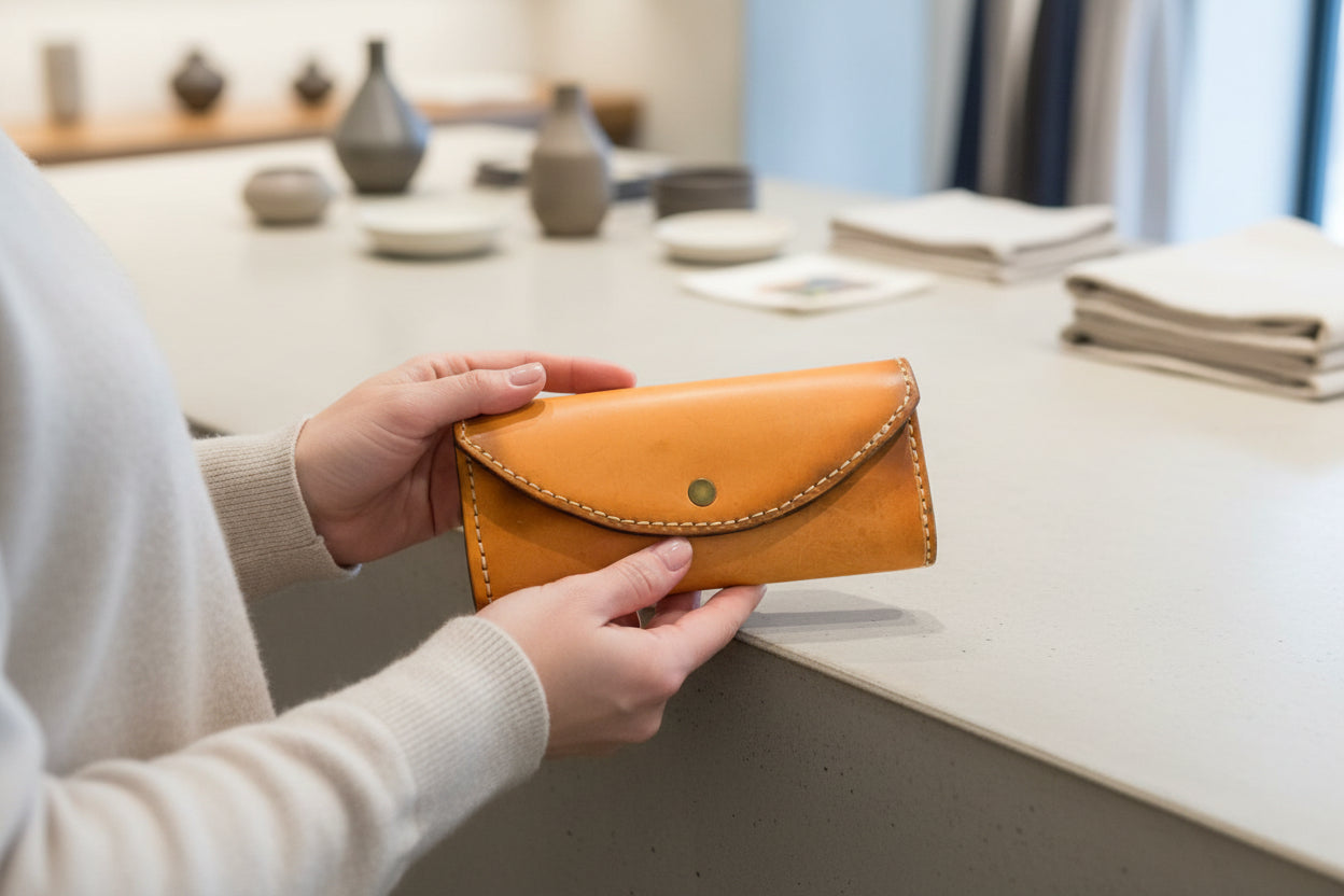 Person holding a tan leather clutch wallet at a counter