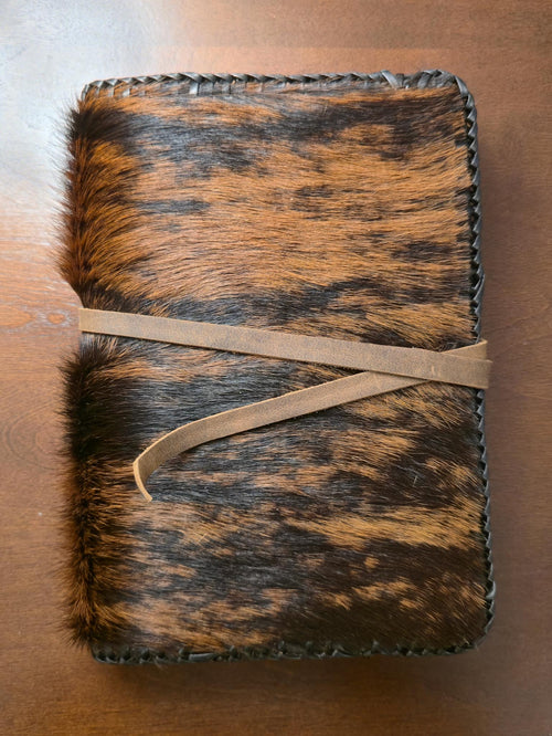 Hair on leather journal cover - Luxury handmade leather notebook protector on a wood surface