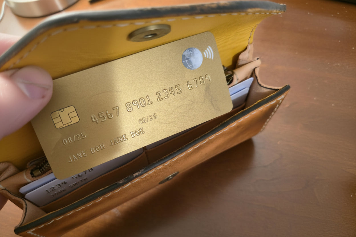 Gold credit card being inserted into a leather clutch wallet