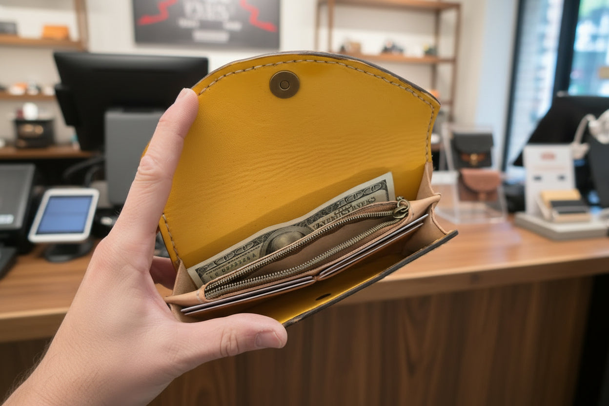 Hand holding an open clutch wallet lined with sheepskin with money in an store setting