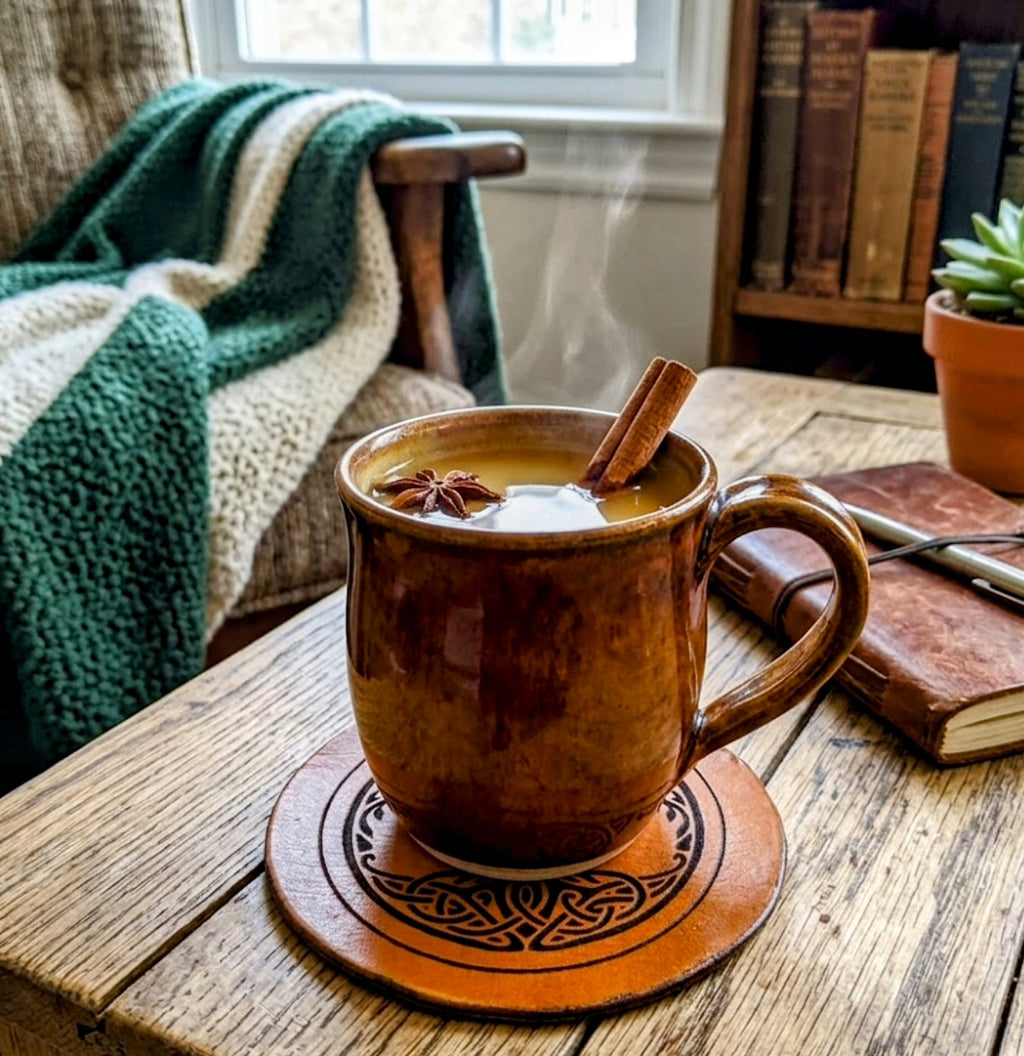 Full-grain leather Celtic knotwork coaster under a steaming spiced mug on a rustic wood table with books and a wool blanket in the background