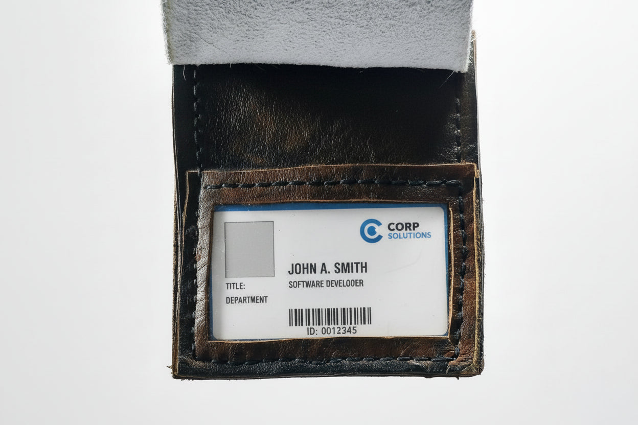 Business card holder with a business card inside on a white background