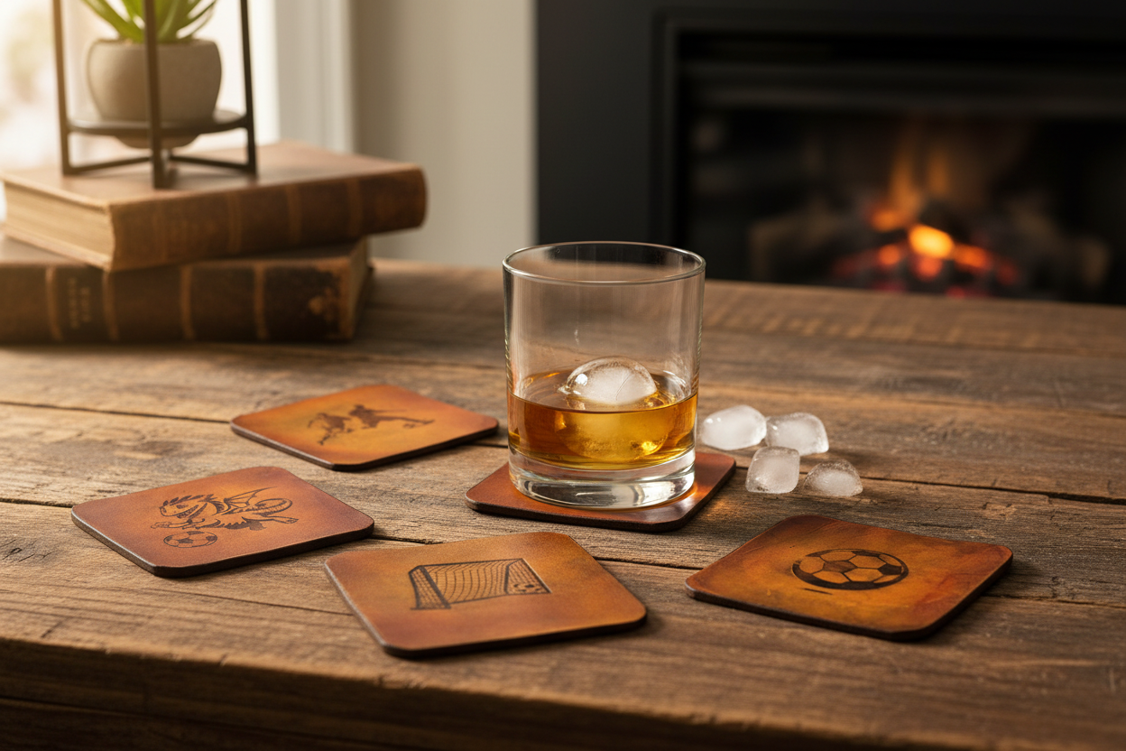 Laser-engraved leather coaster set with soccer dragon design, hand-dyed tan with antique patina – The Kilted Leatherworker