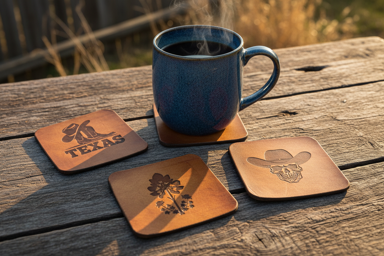 Texas Heritage laser-engraved leather coaster set featuring bluebonnets and cowboy boots, hand-finished veg-tan leather
